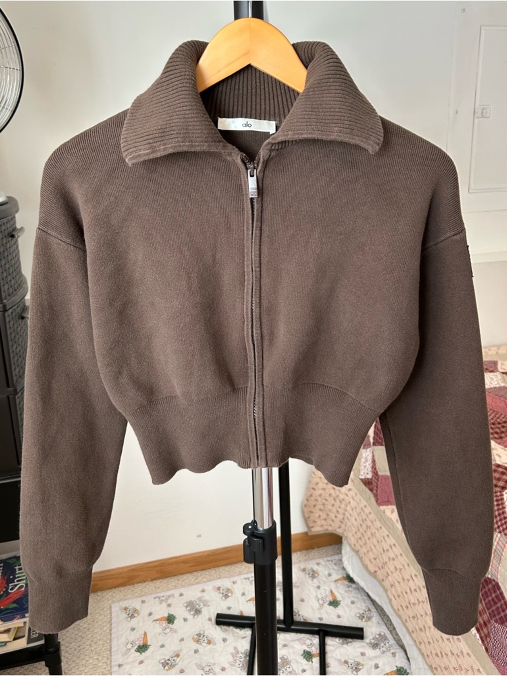 Alo Scholar Knit Cropped Full Zip Jacket Brown XS